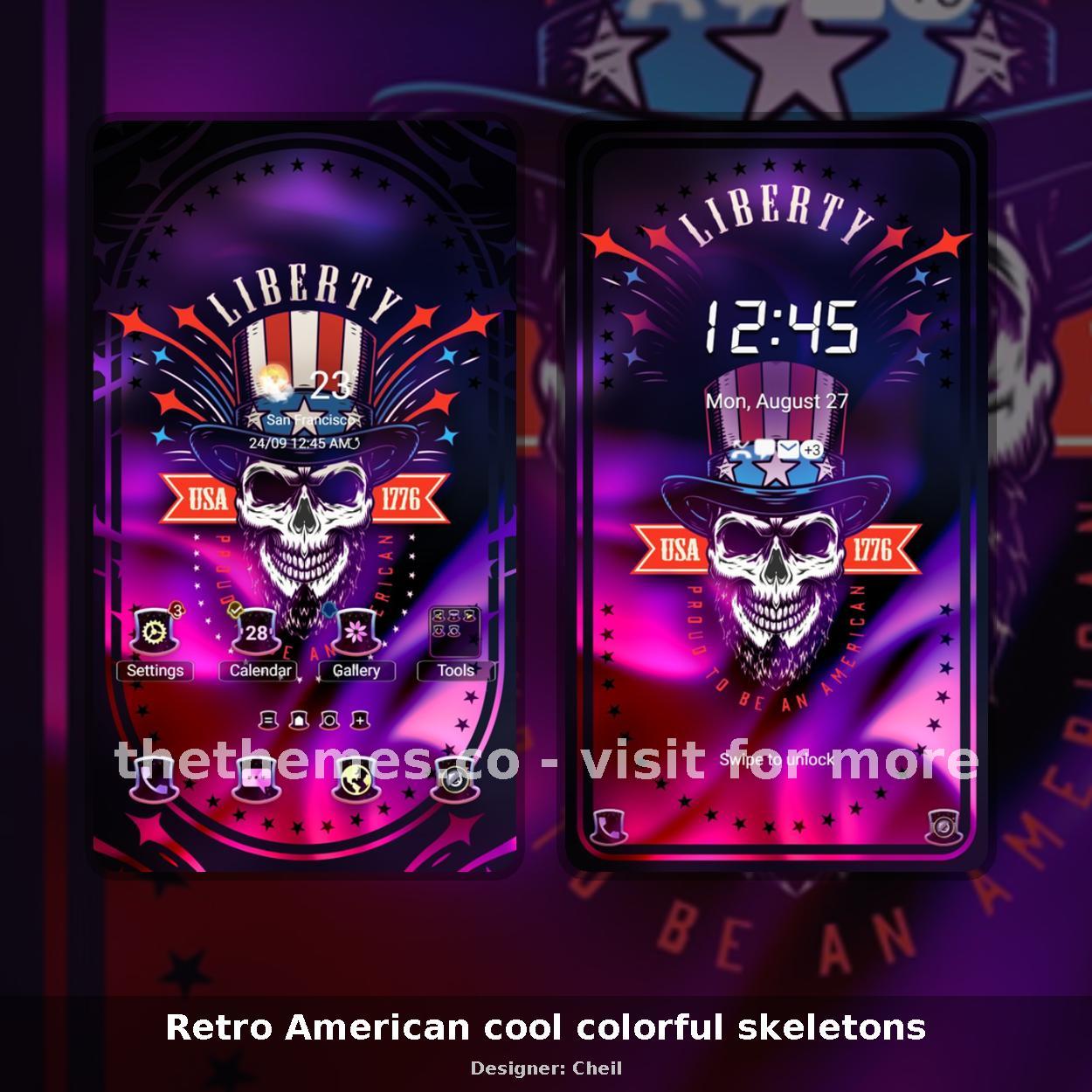 Retro American cool colorful skeletons